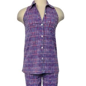 Prada Gingham Print Cotton Button-Down Sleeveless Shirt Top Red/White/Blue US 2
